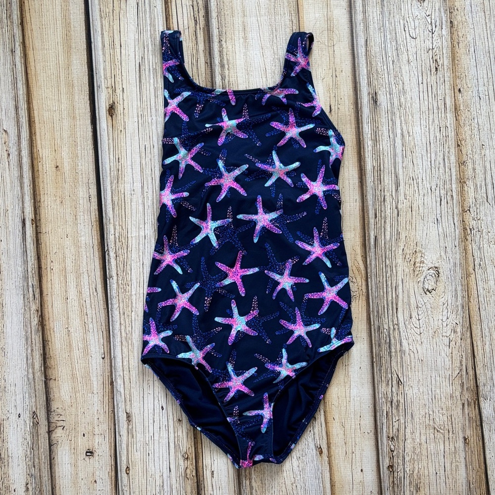 Lands' End Kids One Piece Swimsuit - Navy with Pink and Blue Starfish